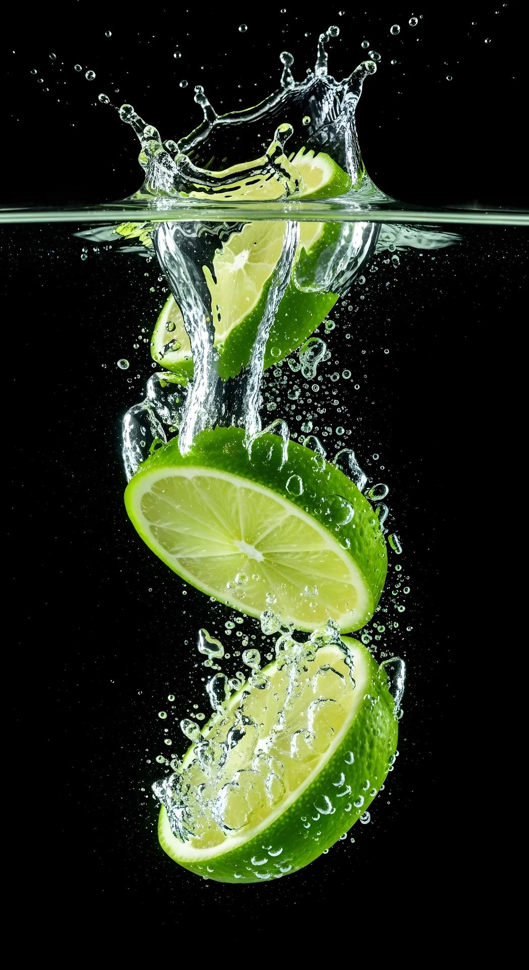Vibrant Green Lime Slices Splashing into Clear Water - Free 4K mobile Wallpaper