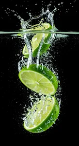 Vibrant Green Lime Slices Splashing into Clear Water