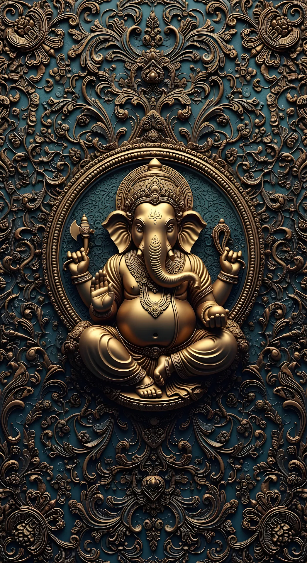 Ornate Golden Ganesha Sculpture in Teal and Gold 3D Relief Background Art - Free 4K mobile Wallpaper