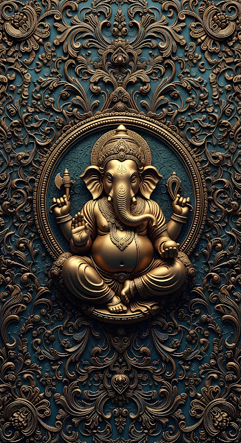 Ornate Golden Ganesha Sculpture in Teal and Gold 3D Relief Background Art - Free mobile Wallpaper