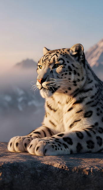 Majestic Snow Leopard Resting on Mountain Ledge at Dawn - Free mobile Wallpaper