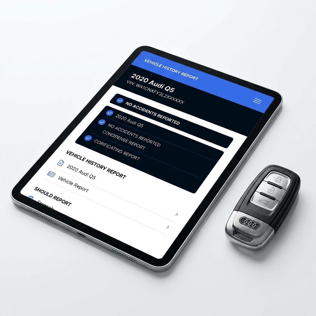 Close up of tablet displaying a vehicle history report page next to an Audi Q5 key fob on a white background with minimalist CarFax Deals blue accents audi q5 for sale
