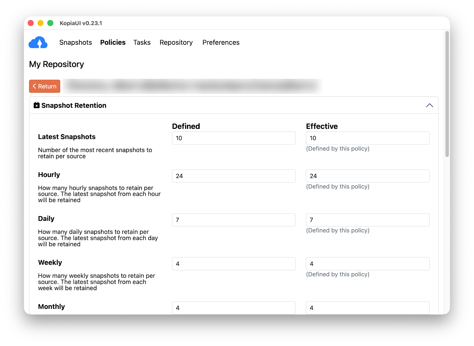 KopiaUI snapshot retention policy screen