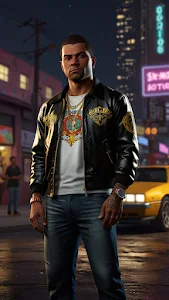 Streetwise man in leather jacket stands under neon city lights