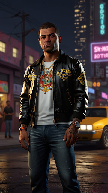 Streetwise man in leather jacket stands under neon city lights - Free mobile Wallpaper