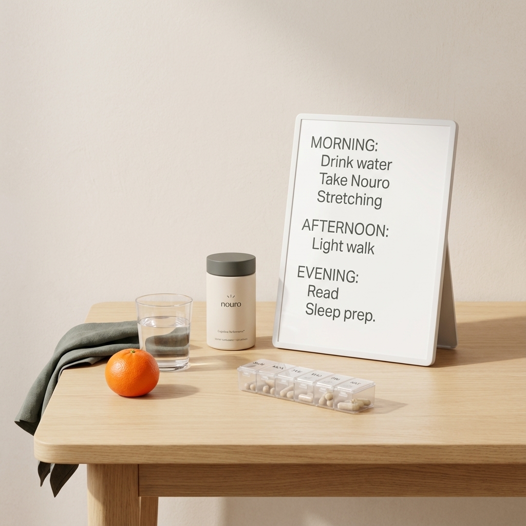 Tidy kitchen table with large-print daily checklist, labeled pill organizer and Tonum Nouro bottle, illustrating how does Alzheimer's affect daily life?