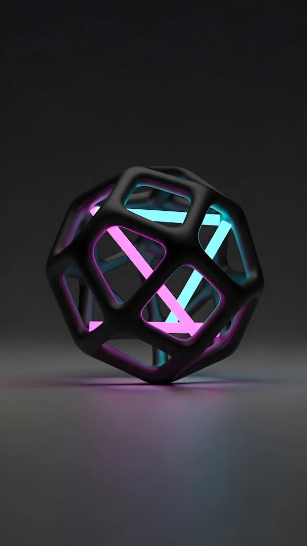 Abstract Black Dodecahedron with Neon Pink and Blue Light