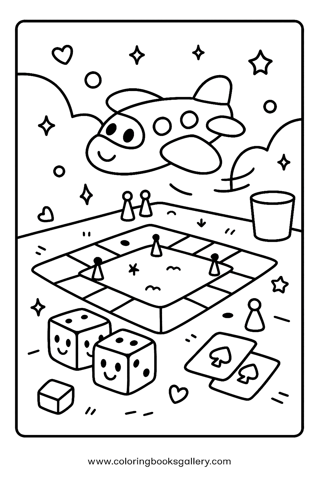 Board Game with Dice and Cards – Free Printable Coloring Sheet for Kids and Adults – free coloring page for kids