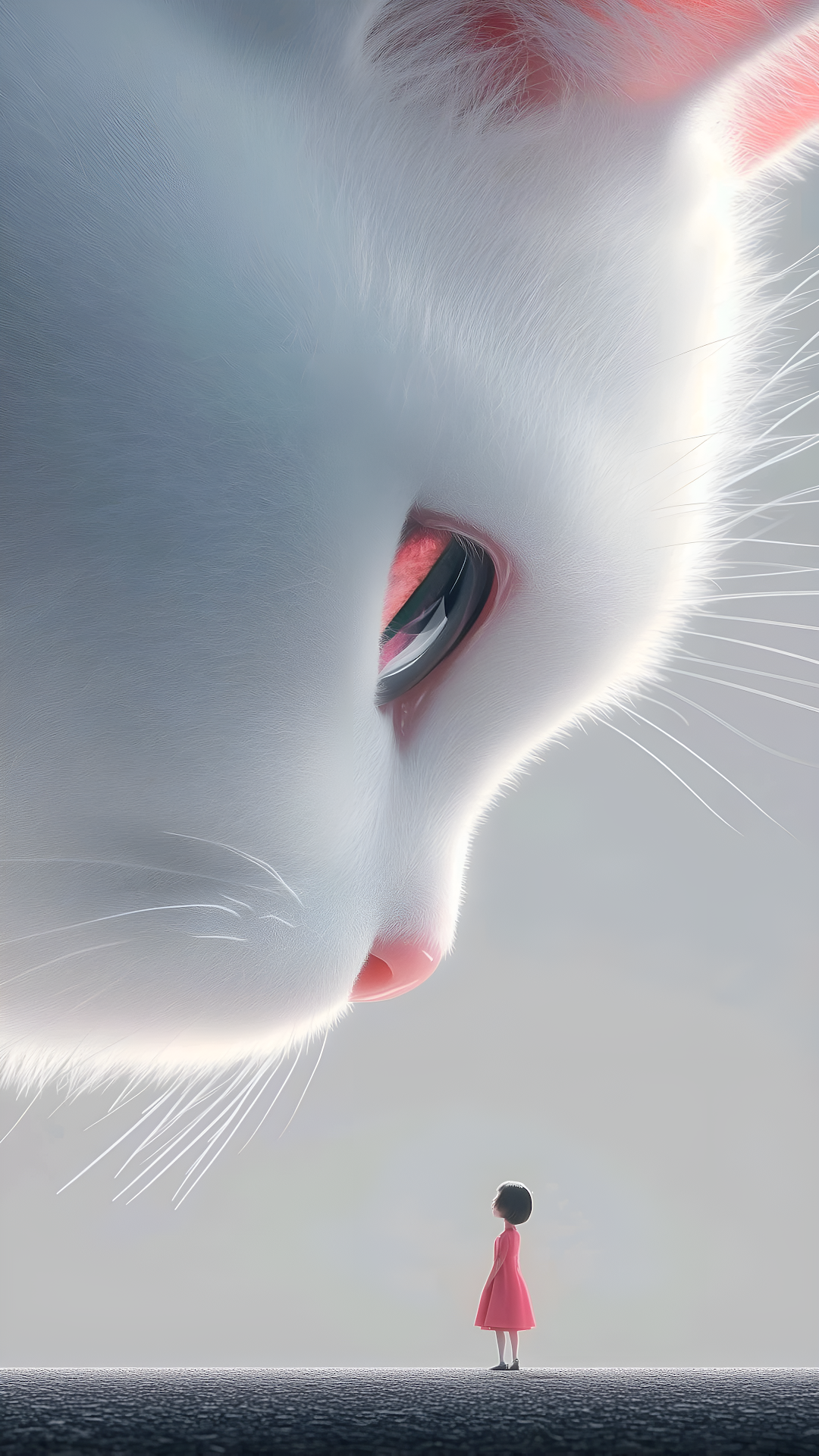 Giant White Cat Staring Tiny Girl Surreal Fantasy Scene - Free 4K mobile Wallpaper