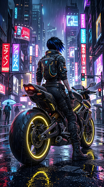 Cyberpunk Woman on Futuristic Motorcycle in Rainy City - Free mobile Wallpaper