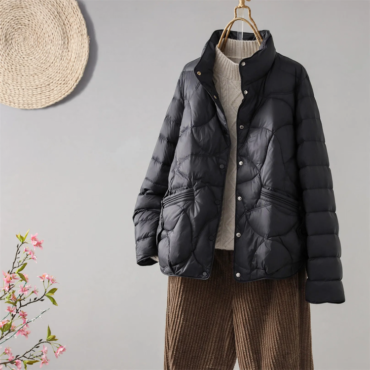 Lightweight short down jacket for women with standing collar