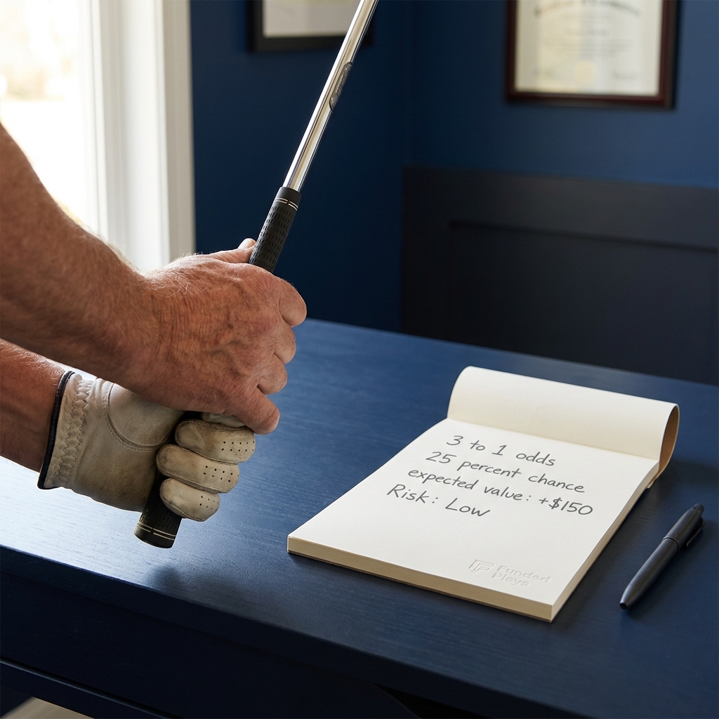 Close up of hands holding a golf club beside a notepad with simple odds and probability calculations for coaching and analysis for a golf betting app