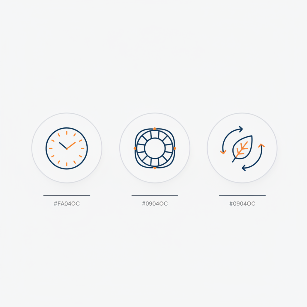 Minimalistische 2D-Vektor-Infografik mit drei Icons (Uhr, Rettungsring, Blatt) in Steelmonks-Farben für gutscheinideen für mama auf hellem Hintergrund.