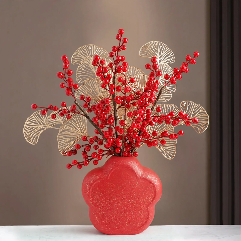 Chinese decoration set with vase and fruits