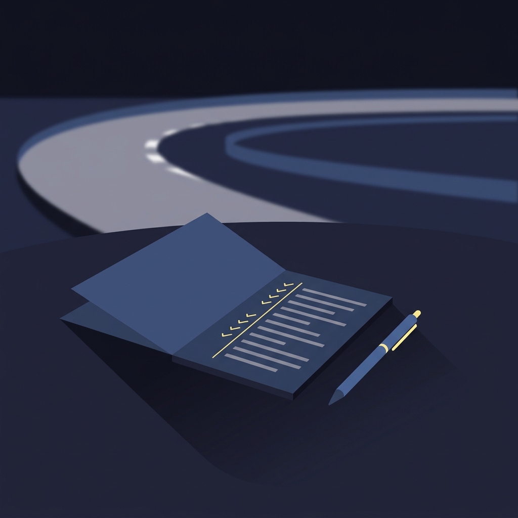 Minimalist 2D vector notebook with checklist and timestamps and a pen with a blurred racetrack in the background for nascar expert picks