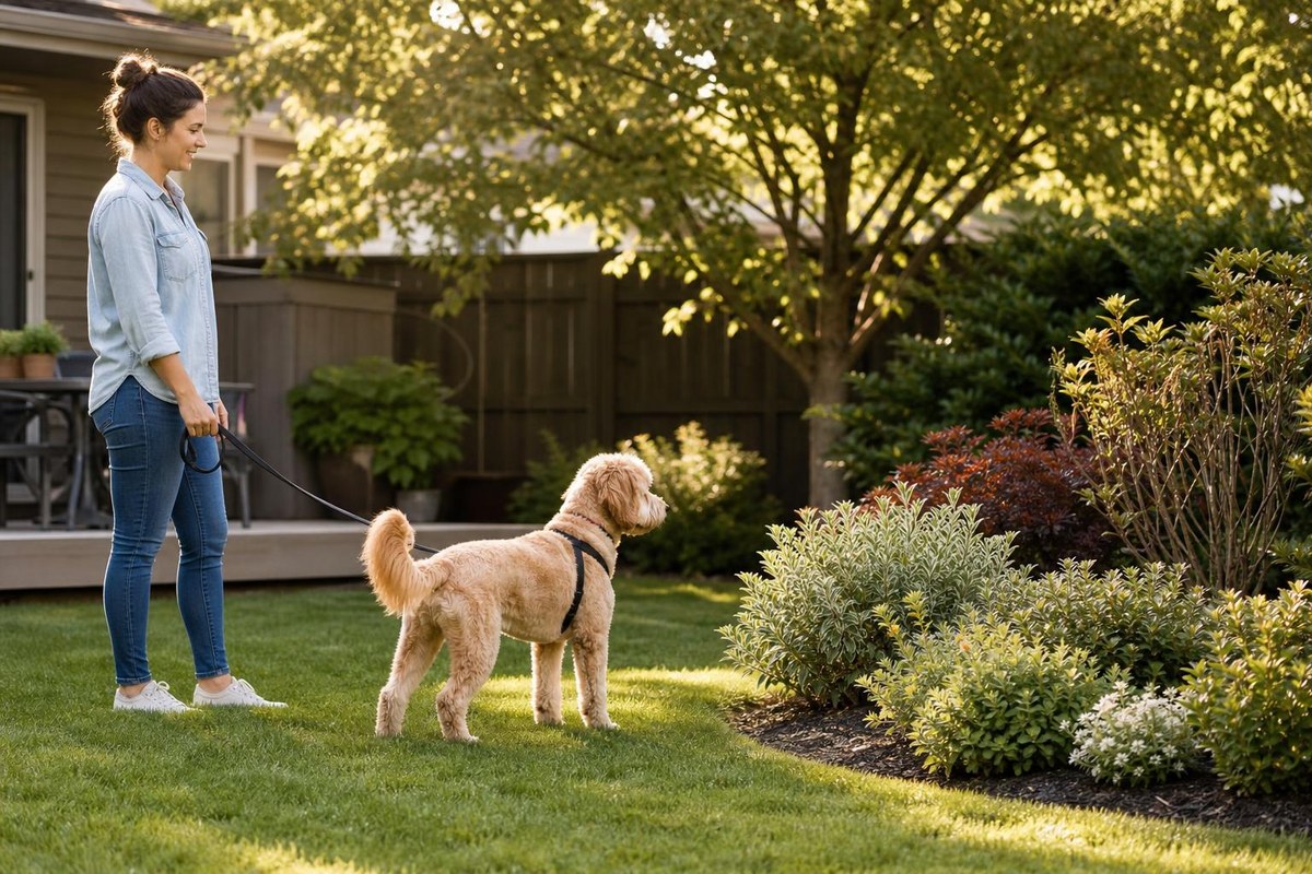 Pet parent keeping a dog safely away from backyard plants