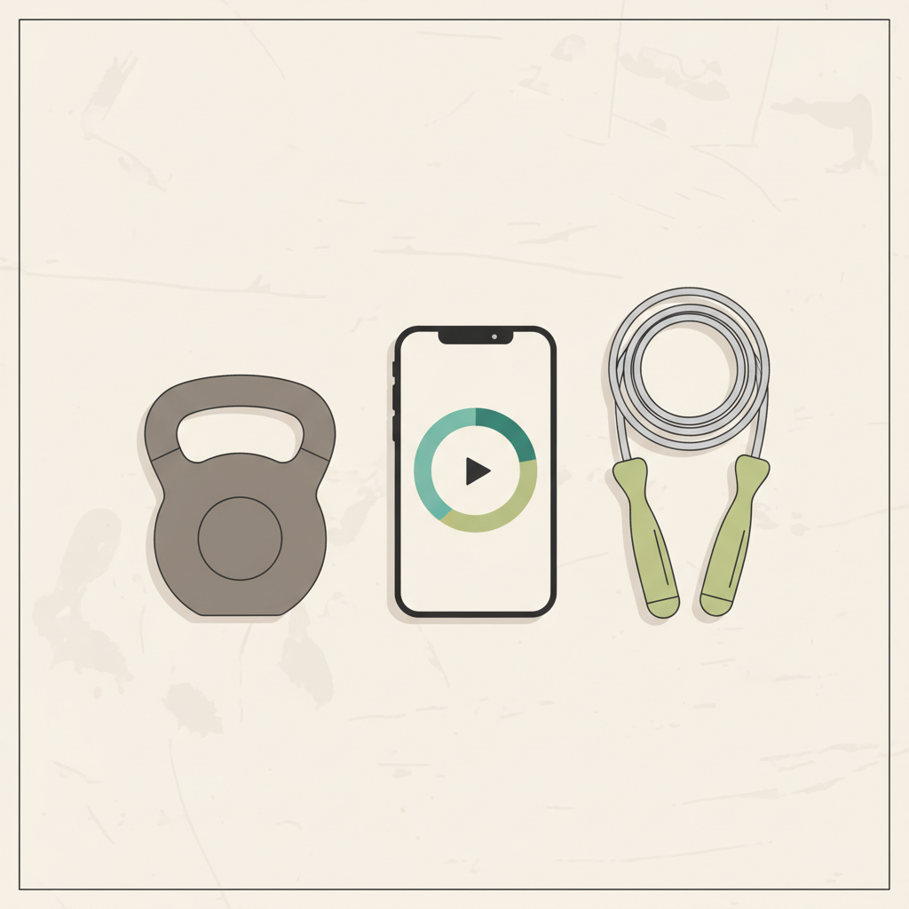 Studio-Equipment mit Kettlebell, Springseil und Smartphone-Intervallring auf hellem Betonboden in Vegardians-Farben. Wie oft Zirkeltraining im Fitnessstudio