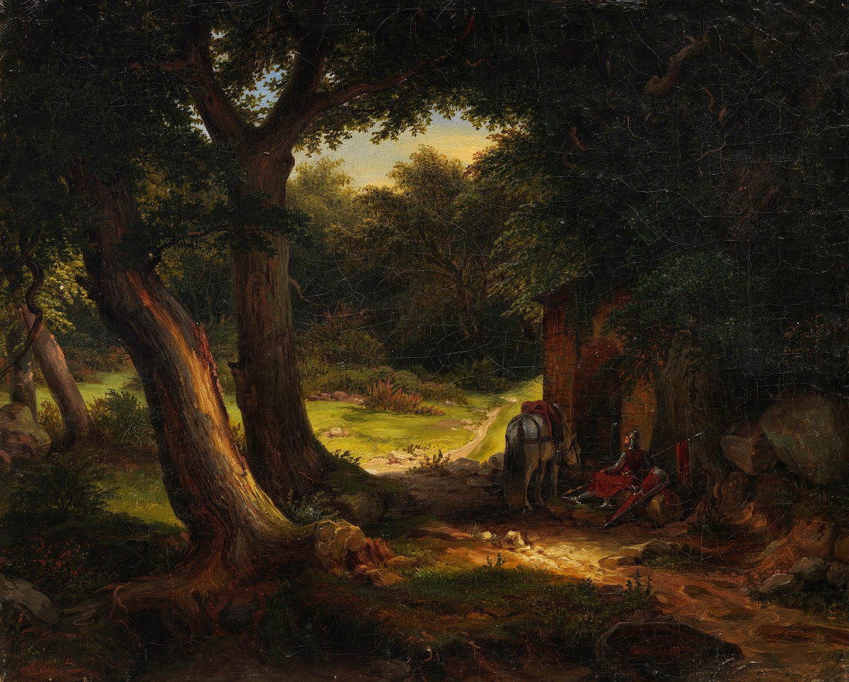 Eichenwald mit einem am Brunnen rastenden Kreuzritter 1839
