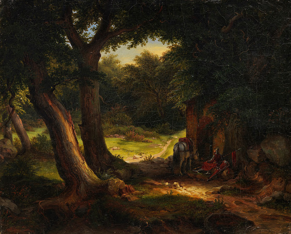 Eichenwald mit einem am Brunnen rastenden Kreuzritter 1839