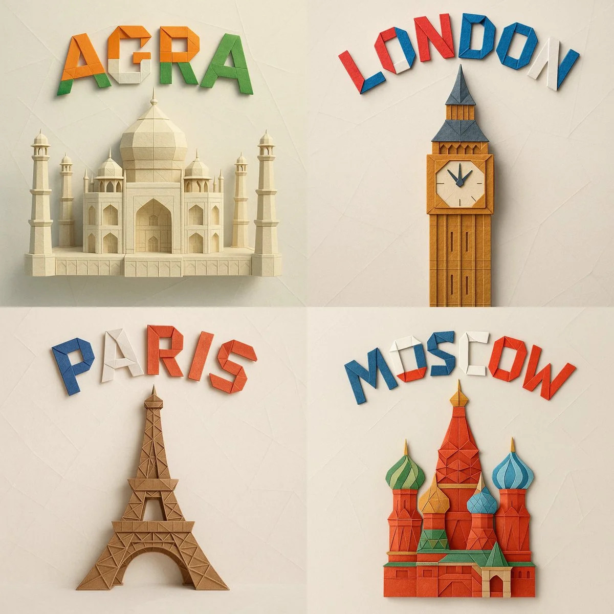 Fotografía digital de un intrincado modelo de origami de papel que representa (NOMBRE_DEL_MONUMENTO) con (NOMBRE_DE_LA_CIUDAD) en letras grandes al estilo origami.