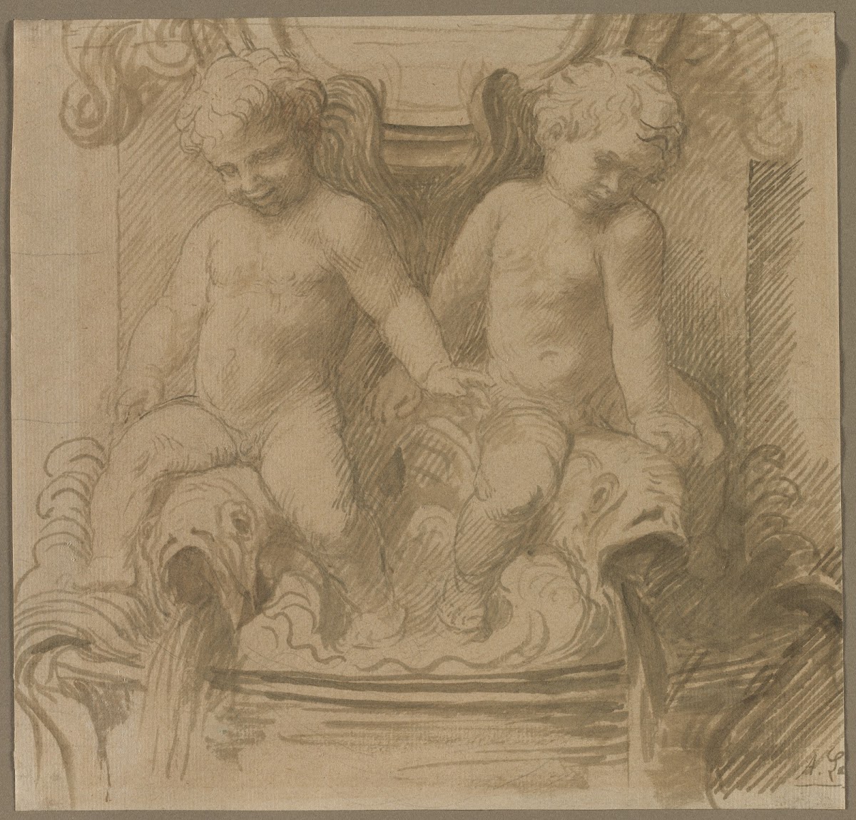 Fountain with Putti Riding Dolphins 1800s