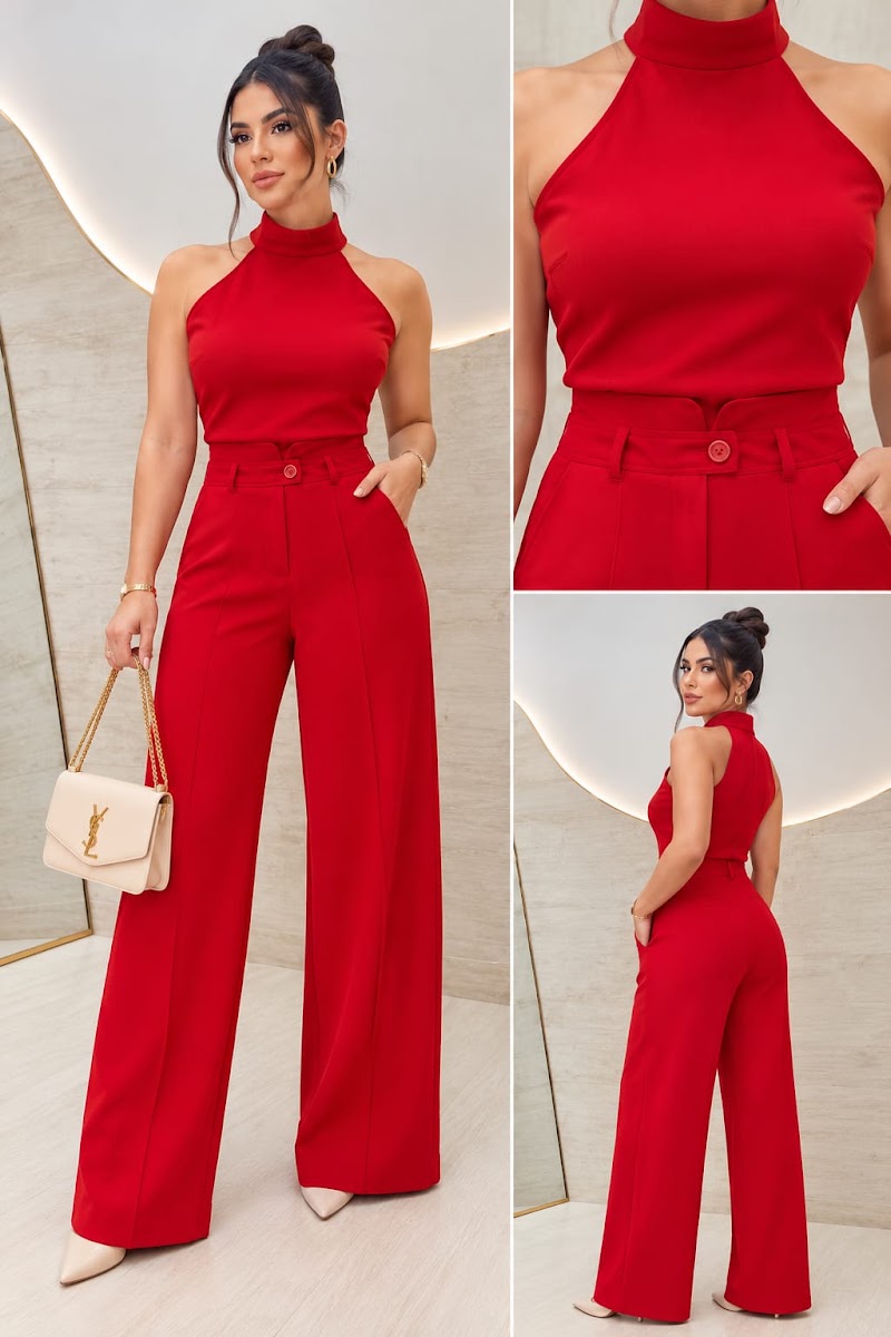 Conjunto sastrero de cuello halter con pantalón palazzo de tiro alto · foto 2