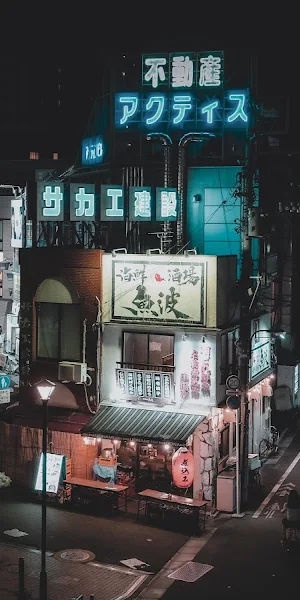 Nighttime Japanese City Corner 5K Wallpaper Background