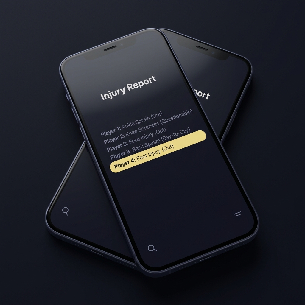 Close up of smartphone showing NBA same day injury report with one highlighted player status in Funded Plays minimalist dark theme clippers prediction