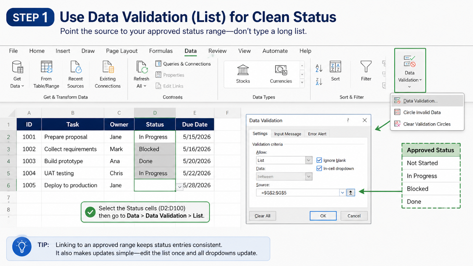 Make Status Look Clean in Excel setup and first teaching step