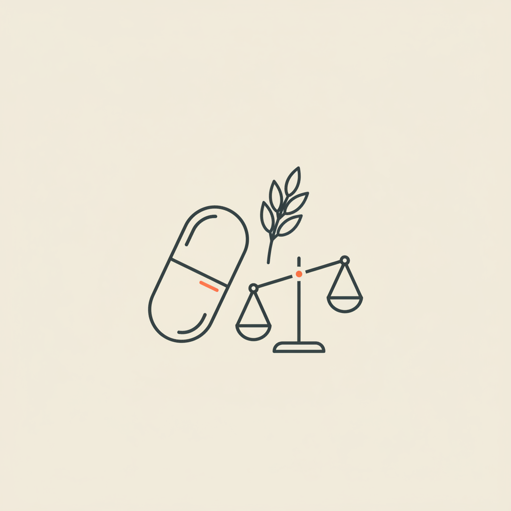 Minimal Tonum-style line illustration of a capsule, oat stalk, and balance scales on beige background representing probiotics for menopause belly