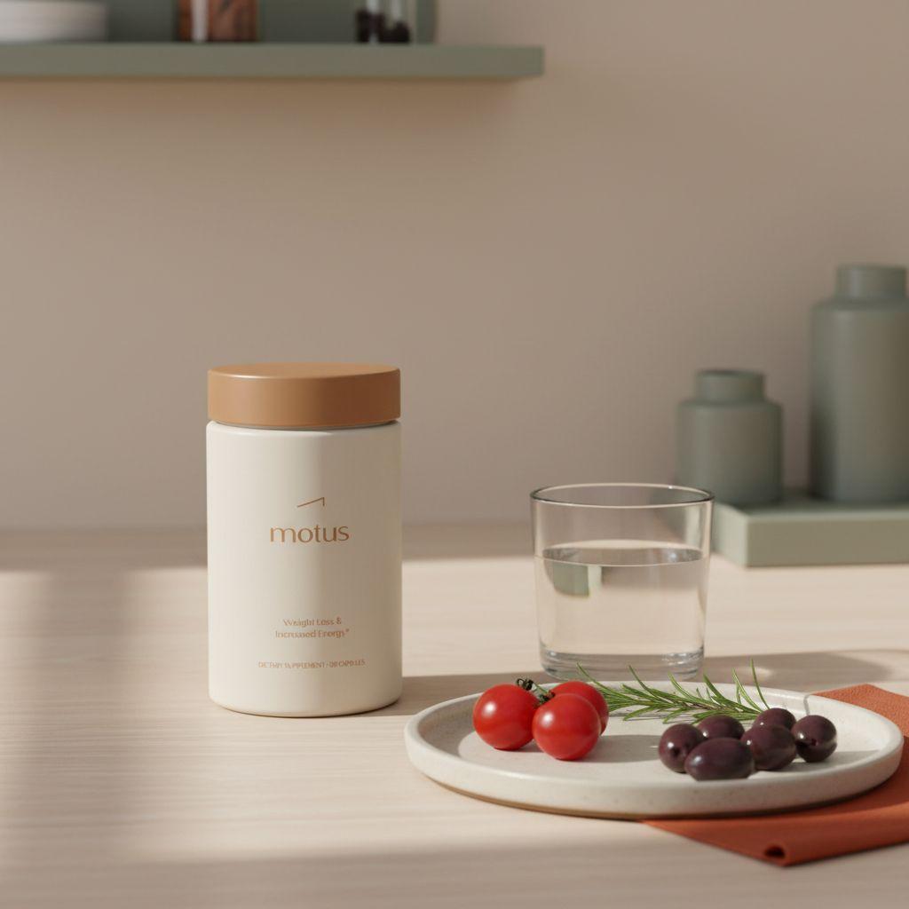 Minimalist kitchen still life with the Motus supplement from reference photos on a counter beside olives, cherry tomatoes and a glass of water, illustrating the cause of fatty liver