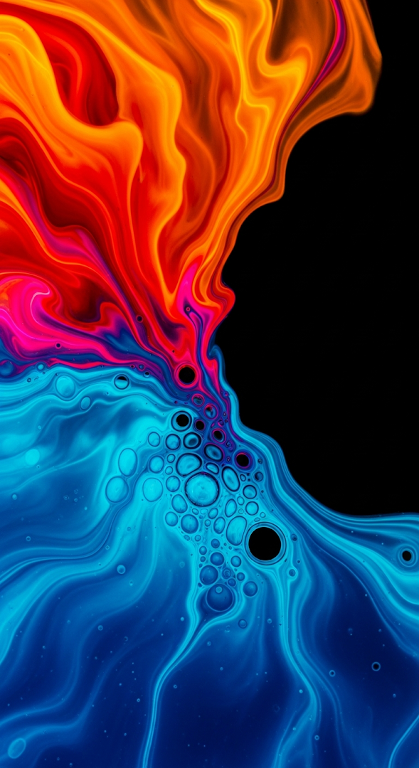 Abstract Vertical Flow of Vibrant Orange and Blue Liquid Marble Art