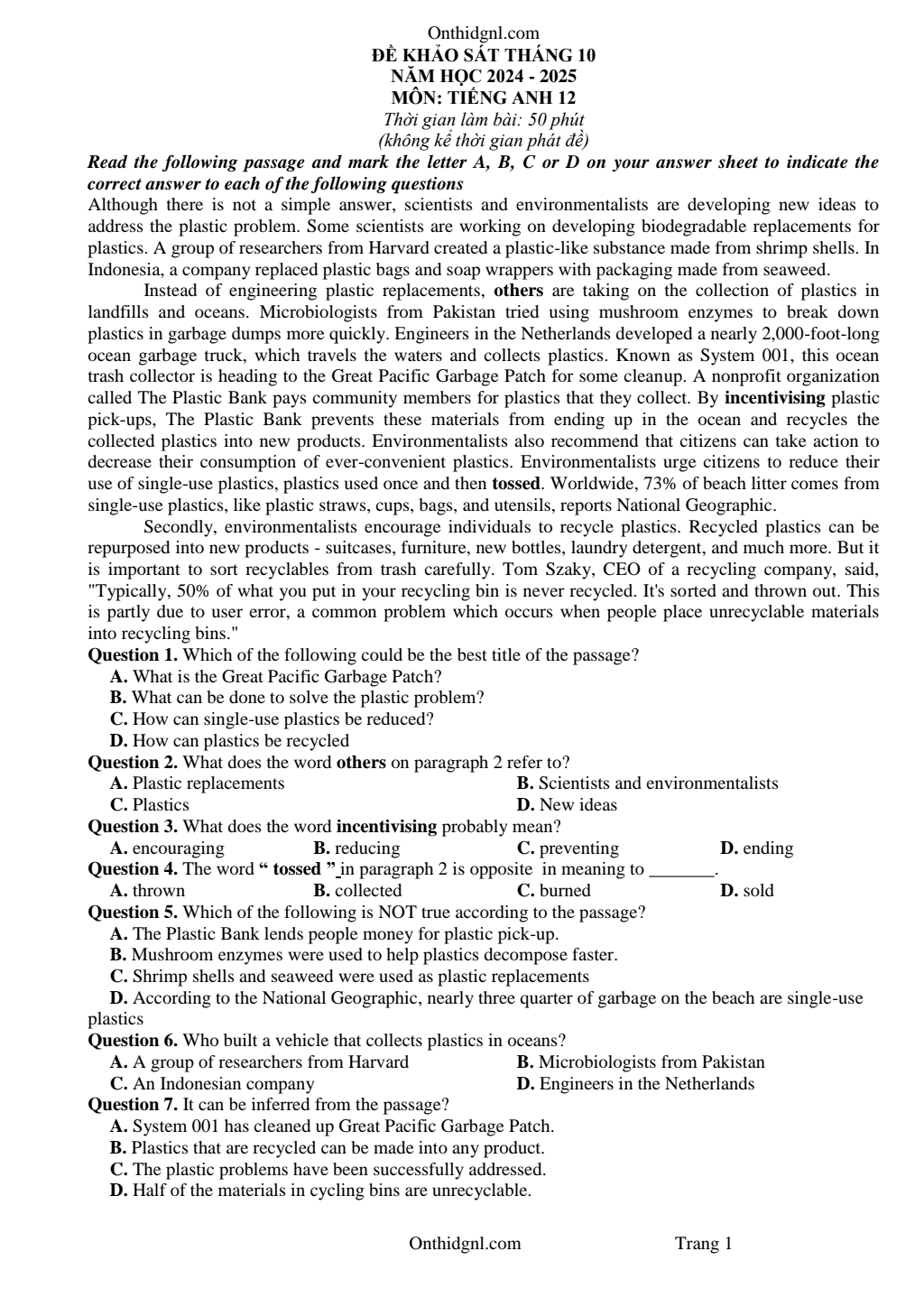 Đề Khảo Sát Tốt Nghiệp THPT 2025 Tiếng Anh Tháng 10 Có Đáp Án pdf
