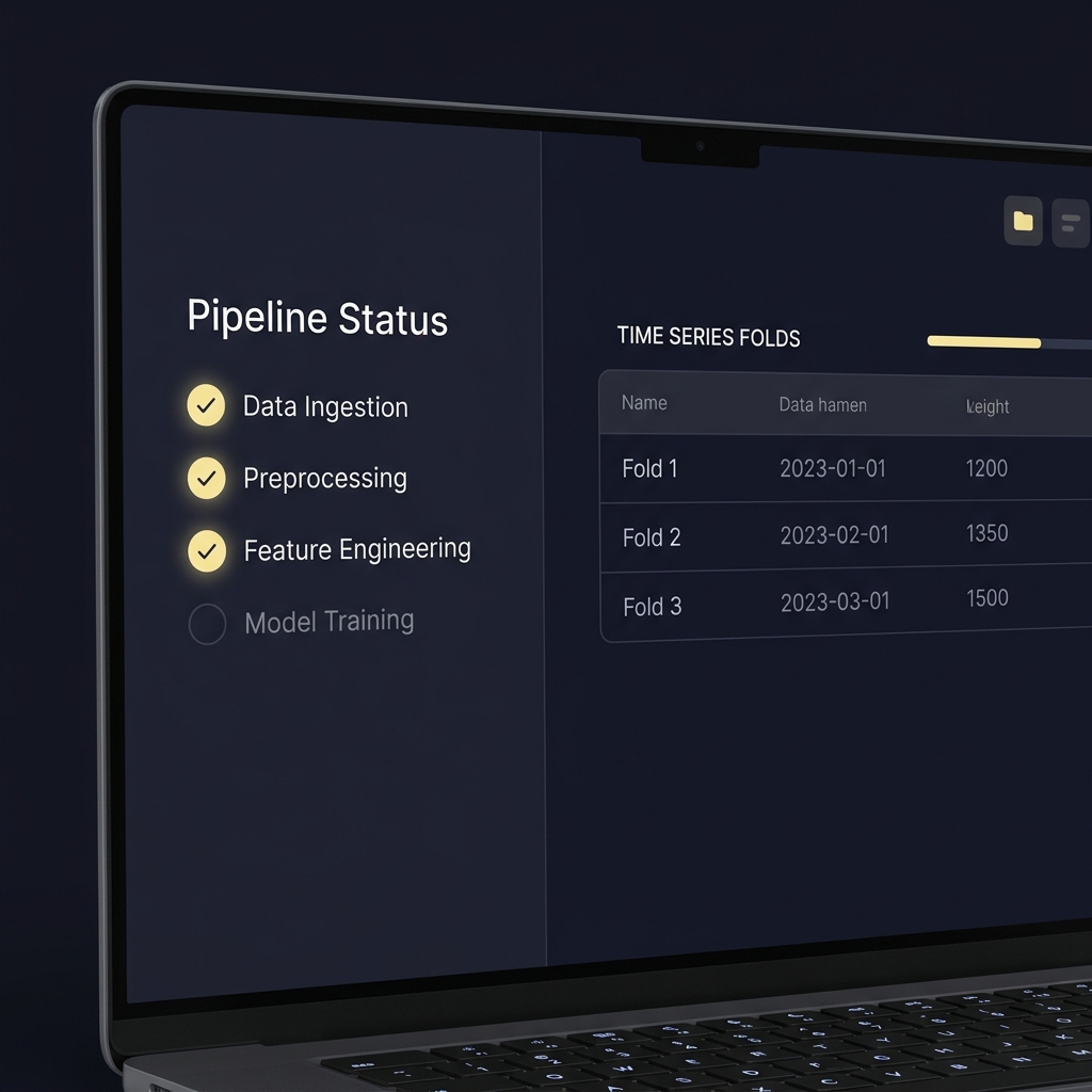 Close up laptop screen showing a minimalist checklist and CSV table labeled time series folds illustrating What Makes a Sports Trading Strategy Sustainable in Funded Plays brand colors