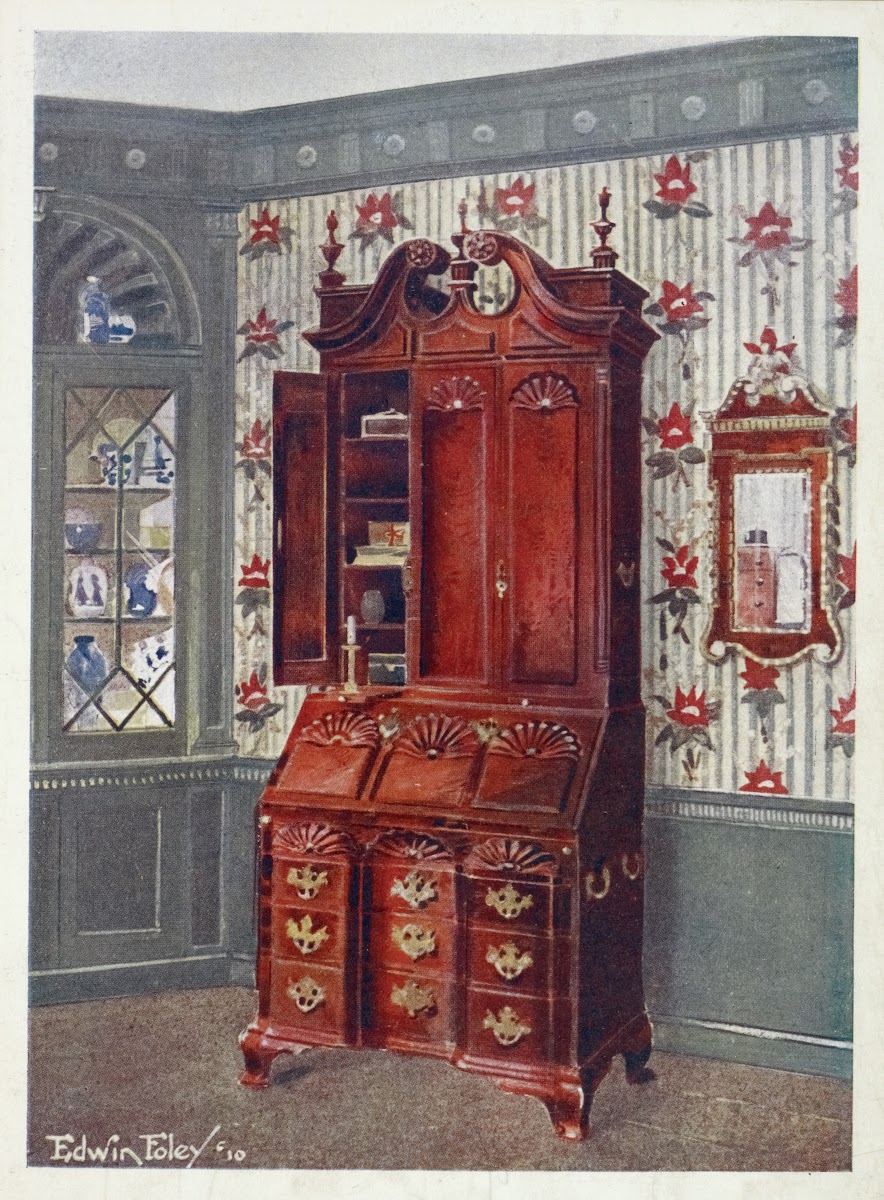Mahogany cabinet topped block front scrutoir Mahogany and gilt constitution mirr