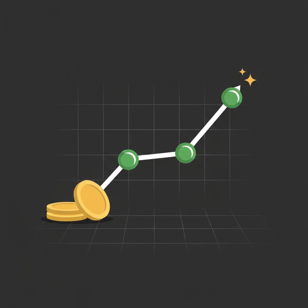 Minimalist flat vector of a rising line chart with stacked coins on dark background representing long term investing in a clean Finance Police color palette