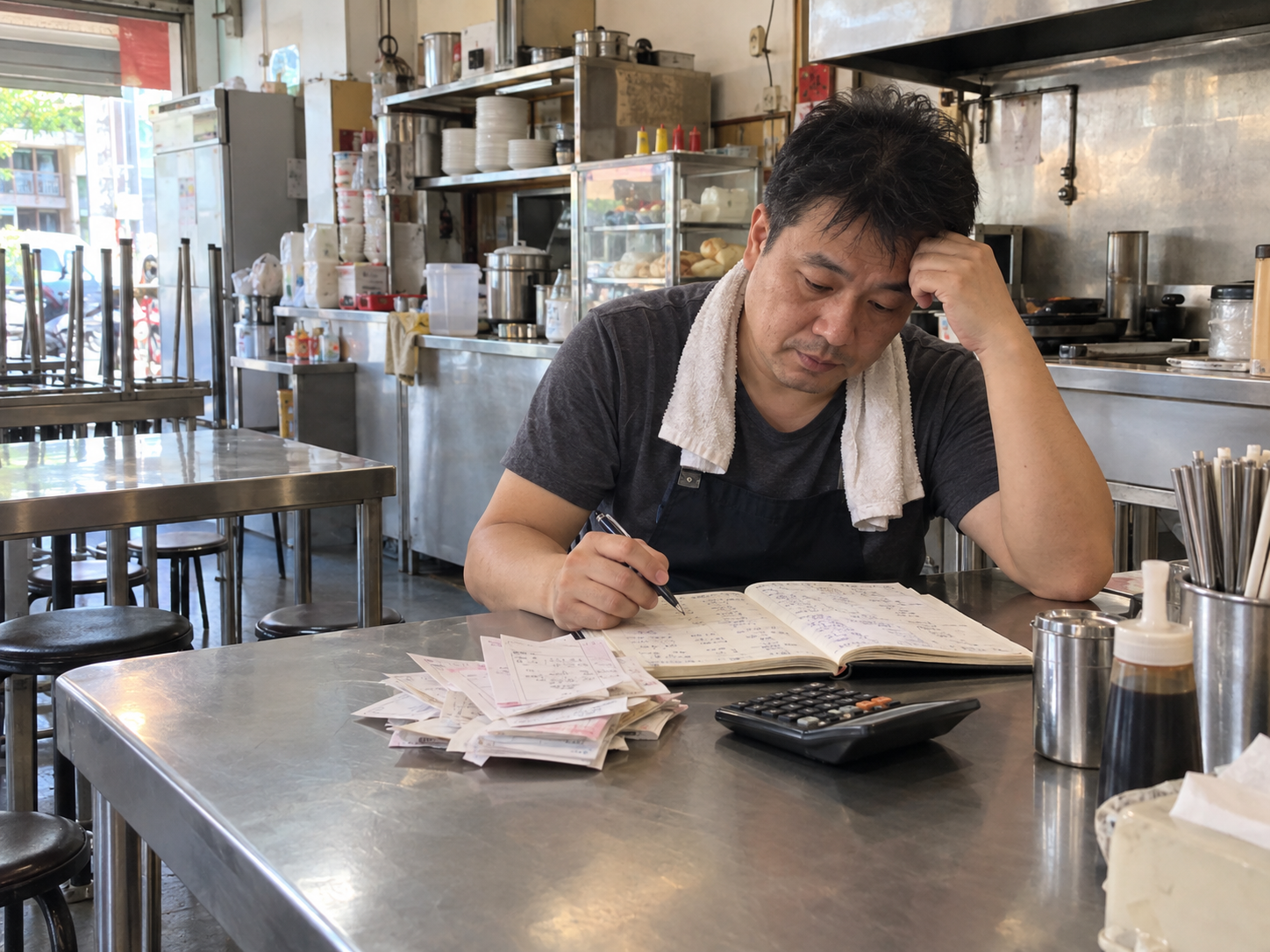 早餐店老闆收店後用收據、筆記本與計算機核對帳目