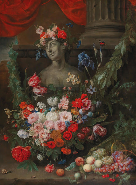 Fruit and flowers surrounding a stone bust of the Goddess Flora