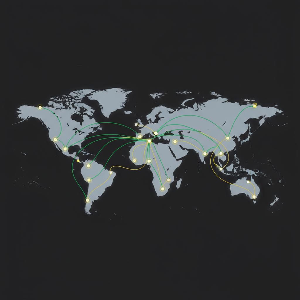 Minimalist 2D vector world map with glowing green blockchain flow lines and gold accents illustrating crypto taxes connections on a dark Finance Police brand background