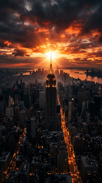 Cinematic Aerial Sunset over Empire State Building in New York City - Free mobile Wallpaper