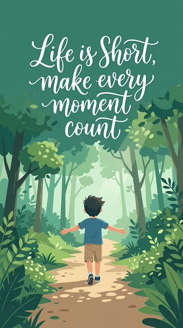 Motivational Quote Life is Short with Boy in Sunny Forest - Free mobile Wallpaper
