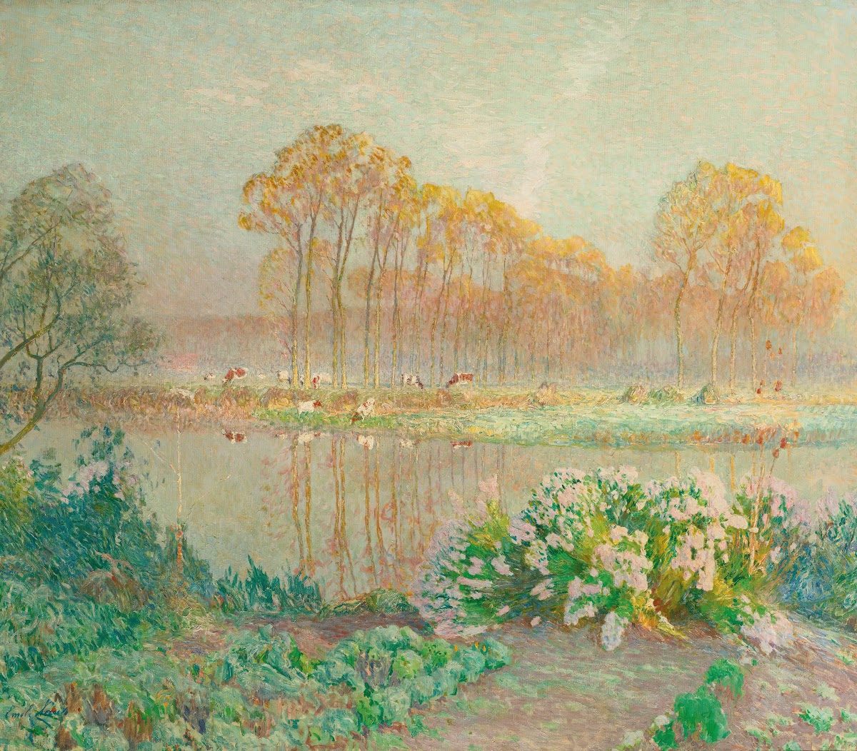 Landscape with pond and blooms