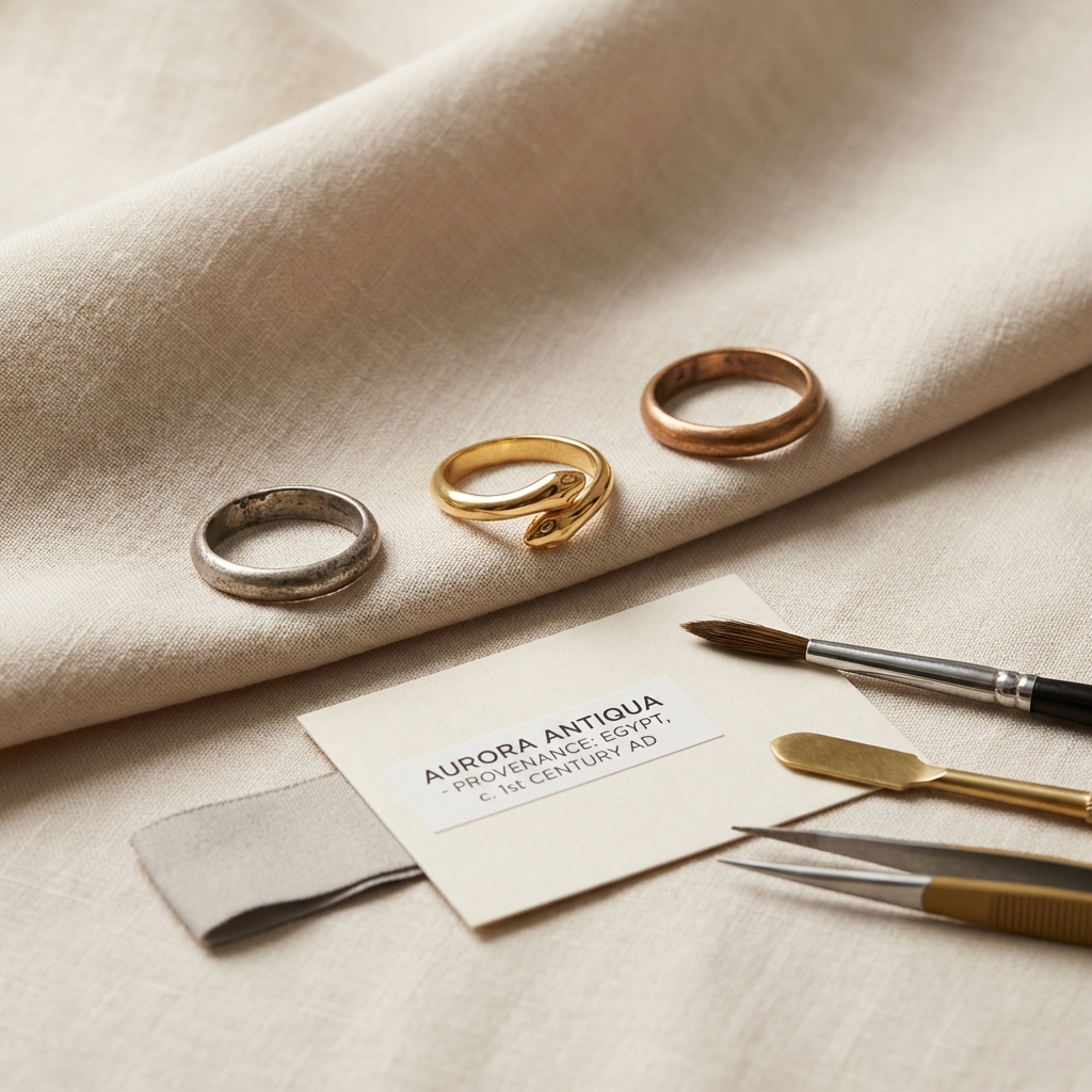 Studio still life of three ancient rings on linen including a gold ouroboros snake ring with conservation tools and a small provenance card