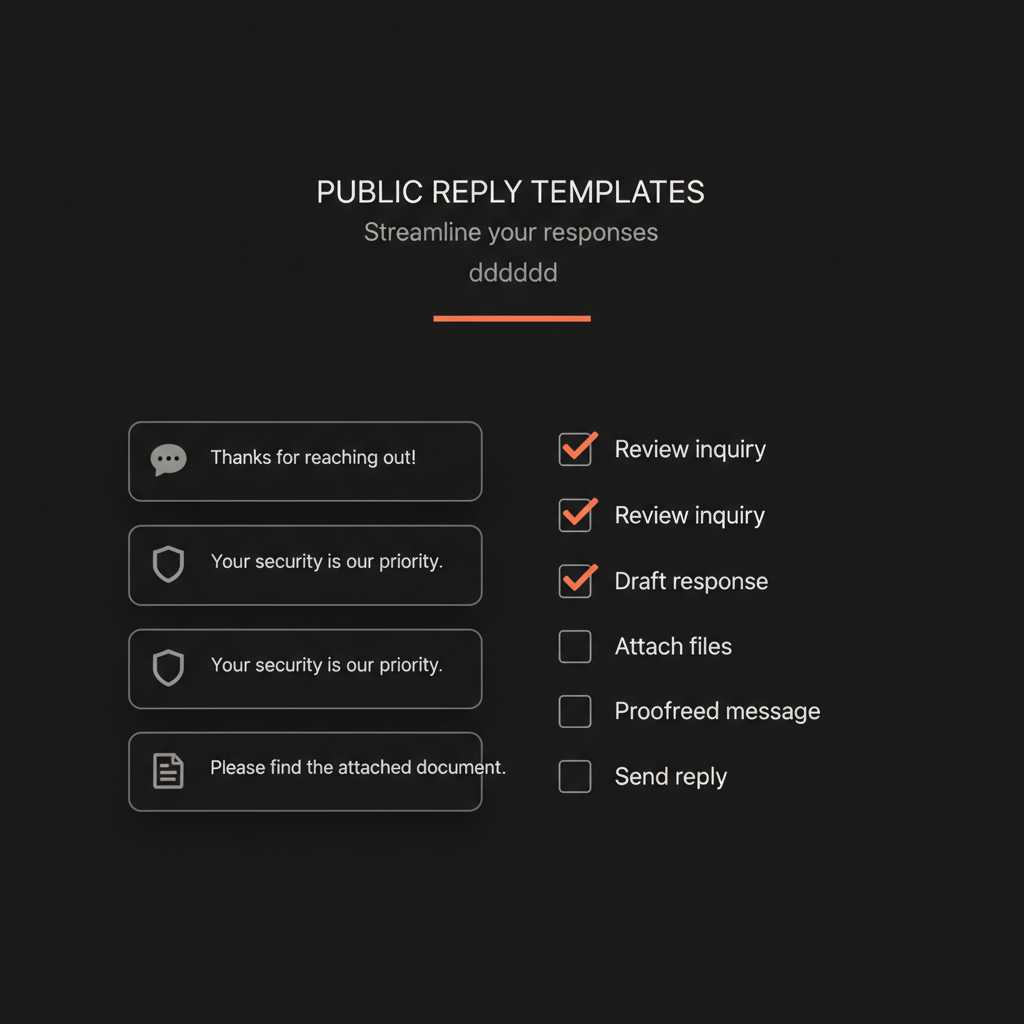 Minimal full-frame infographic showing three public reply templates and a five-item documentation checklist on a black background with orange accents for remove Google review guidance.