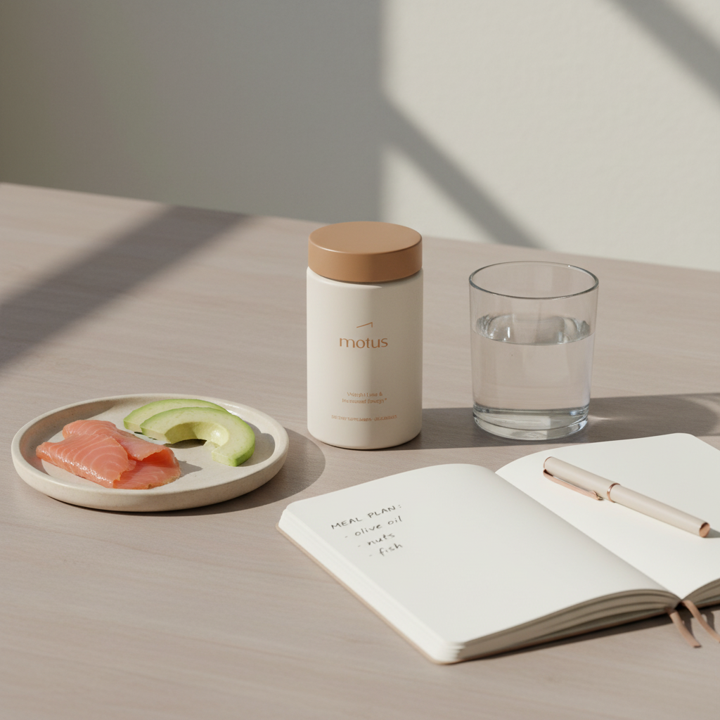Minimalist morning scene with Tonum Motus bottle on a wooden table beside avocado and smoked salmon plate, notebook meal plan listing olive oil, nuts and fish — keto diet routine.