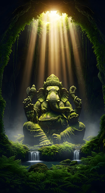 Majestic Ganesha Statue in Sunlit, Overgrown Jungle Cave - Free mobile Wallpaper