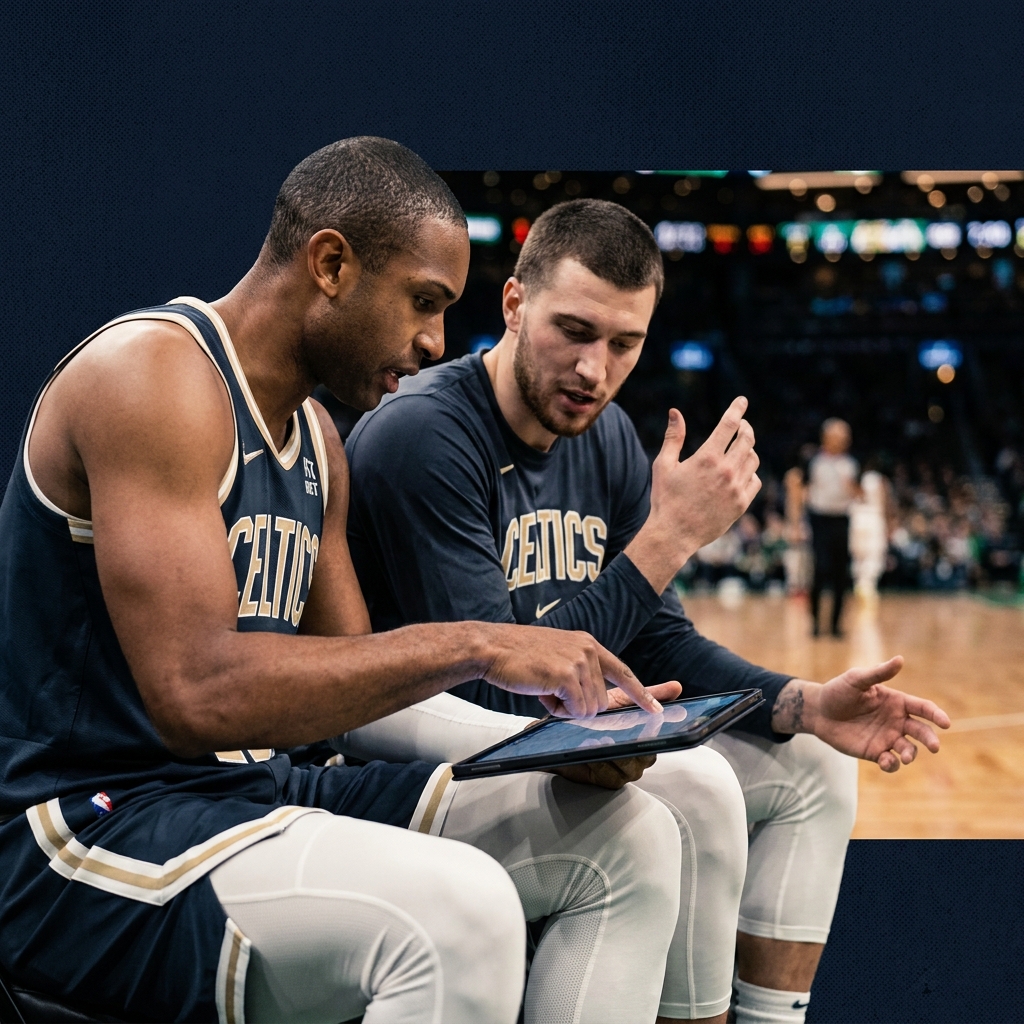 boston celtics prediction two professional basketball players discussing strategy on the bench with blurred court background minimalist dark navy palette
