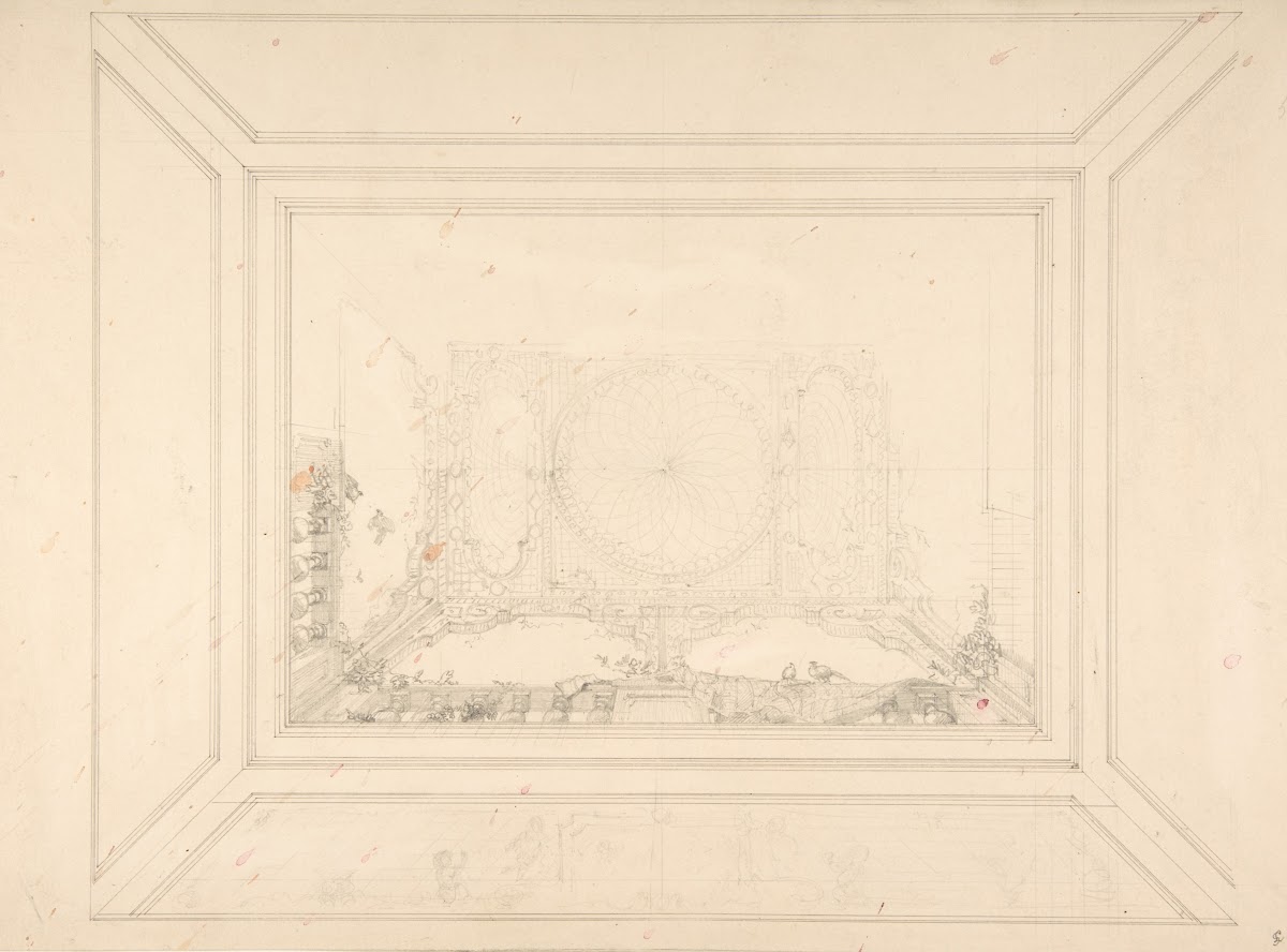 Design for a ceiling decorated with trellis work and a trompe loeil balustrade 1