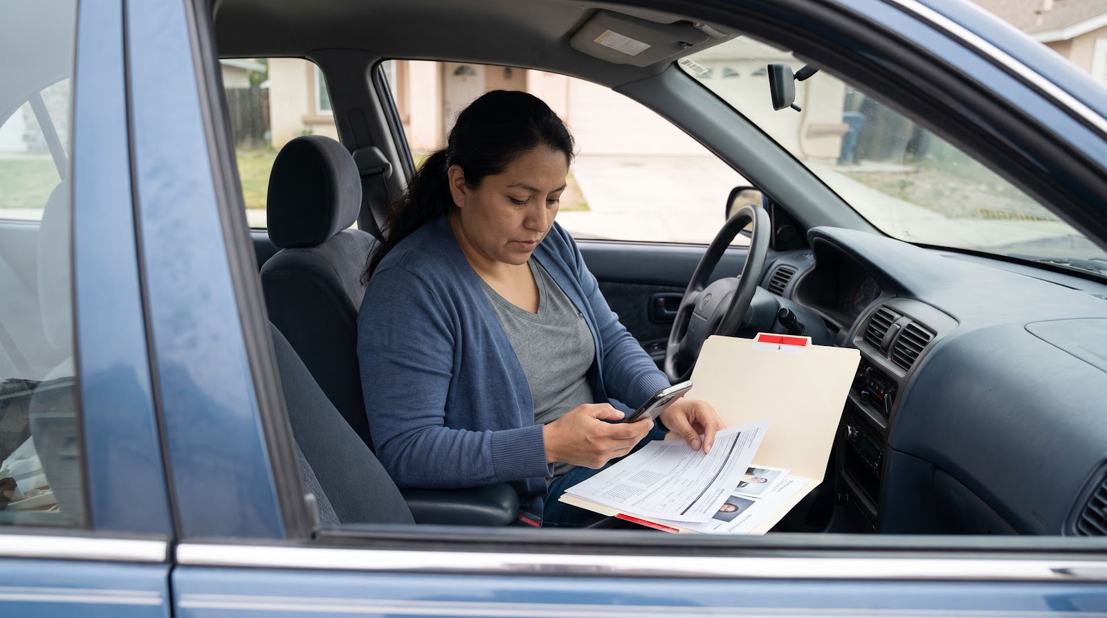 Conductora latina organizando documentos del seguro contra conductor sin seguro estudiante texas dentro de su carro en Texas