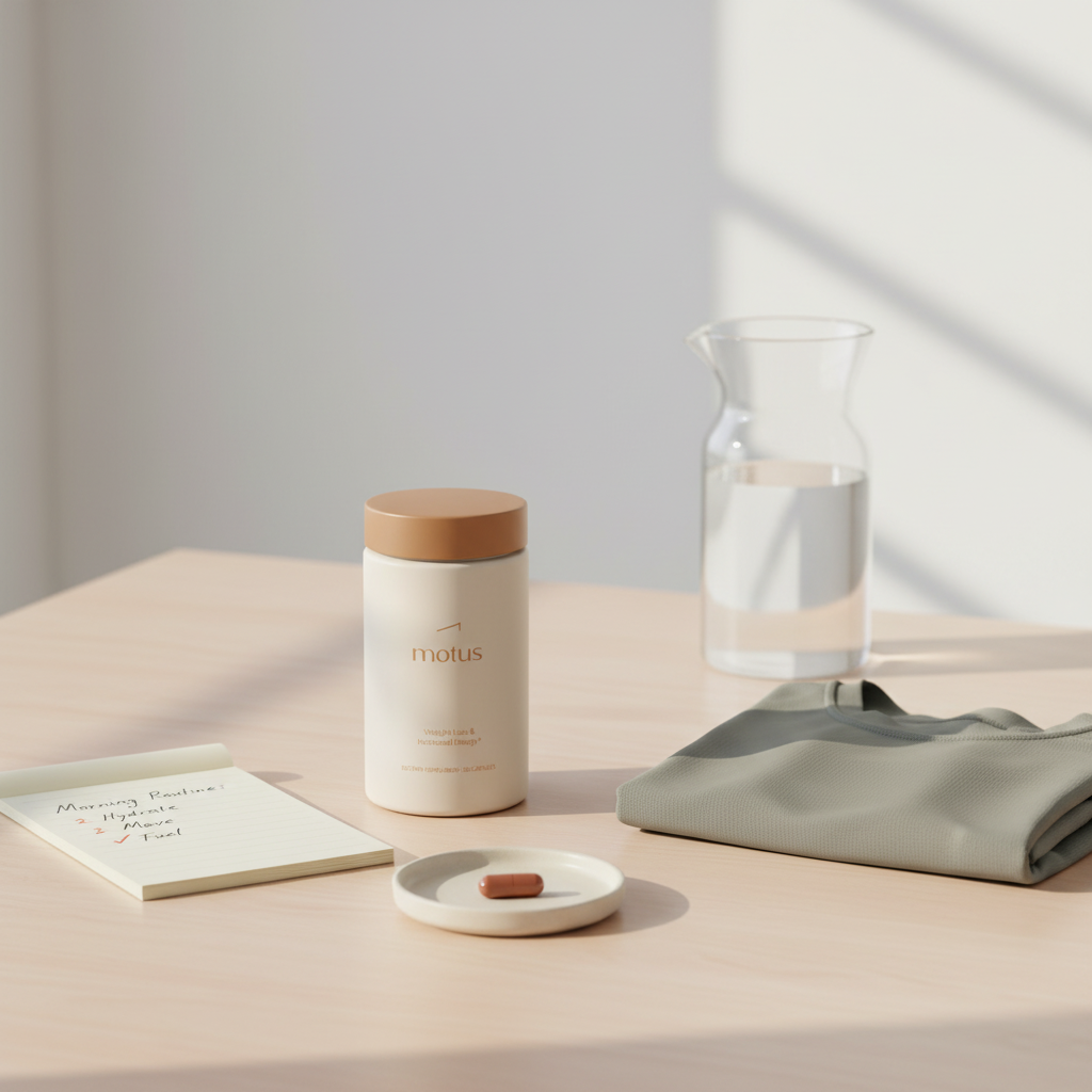 Minimalist kitchen scene with Tonum Motus bottle beside a folded running shirt and a morning checklist on a table, illustrating B12 vs B complex for weight loss.